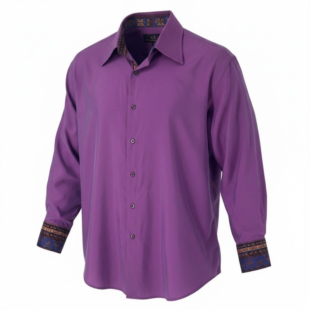 Robert Graham Mens Purple Long Sleeve Button Down Shirt Contrast Cuff Size Large